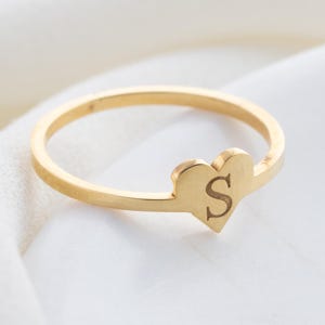Solid Gold Initial Ring with Heart, Heart Ring, Personalized Jewelry, Gift for Her, Gold Initial Ring, Engraved Ring