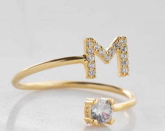 Solid Gold Initial Ring with Stone: Personalized Letter Ring