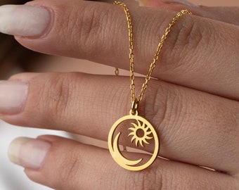Sterling Silber Sonne und Mond Anhänger Halskette