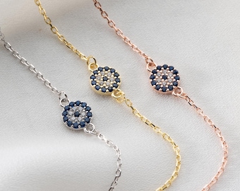 Sterling Silver Blue Evil Eye Bracelet, Spiritual Protection Jewelry