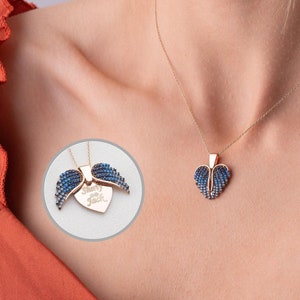 Engraved Angel Wing Heart Necklace, Personalized Gift for Her, Name Necklace Women, Custom Heart Pendant, Birthday Gift