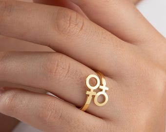 Carved Woen Sybols and Rainbows Band Ring Venus Lesbian LGBTQ