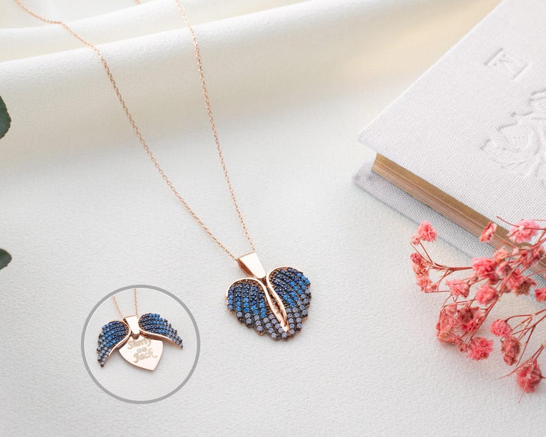 Engraved Angel Wing Heart Necklace, Personalized Gift for Her, Name Necklace Women, Custom Heart Pendant, Birthday Gift