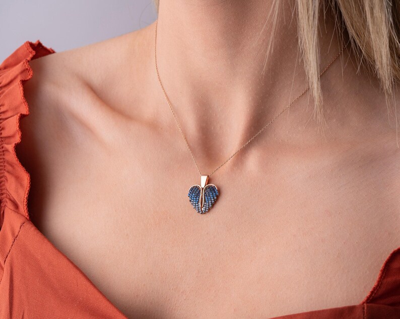 Engraved Angel Wing Heart Necklace, Personalized Gift for Her, Name Necklace Women, Custom Heart Pendant, Birthday Gift