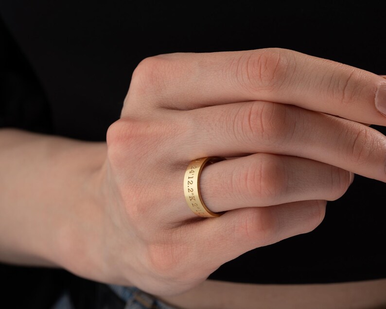 Solid Gold Coordinates Ring, Personalized Jewelry, Custom Engraved Coordinates, Anniversary Gift, Custom Ring