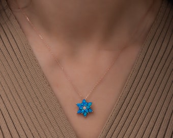 Opal Lotus Flower Necklace , Dainty Opal Necklace with  Blue Opal Stone, Opal Lotus Necklace, Mother's Day Gift, Gift For Daughter