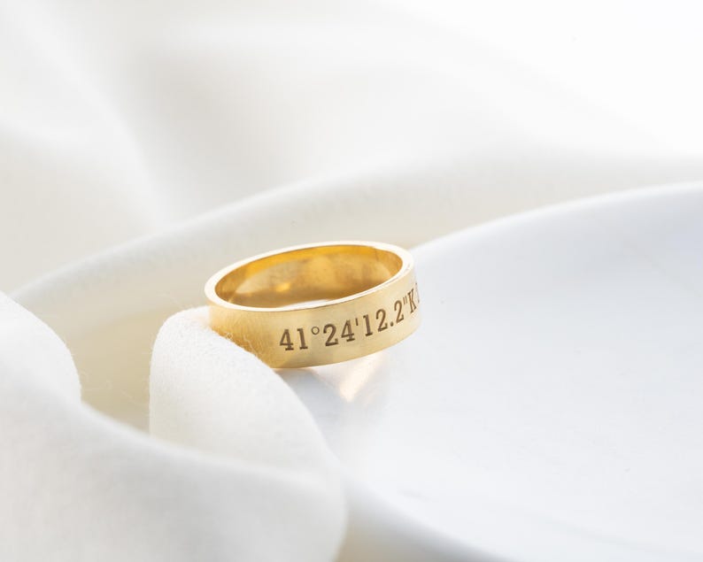 Solid Gold Coordinates Ring, Personalized Jewelry, Custom Engraved Coordinates, Anniversary Gift, Custom Ring