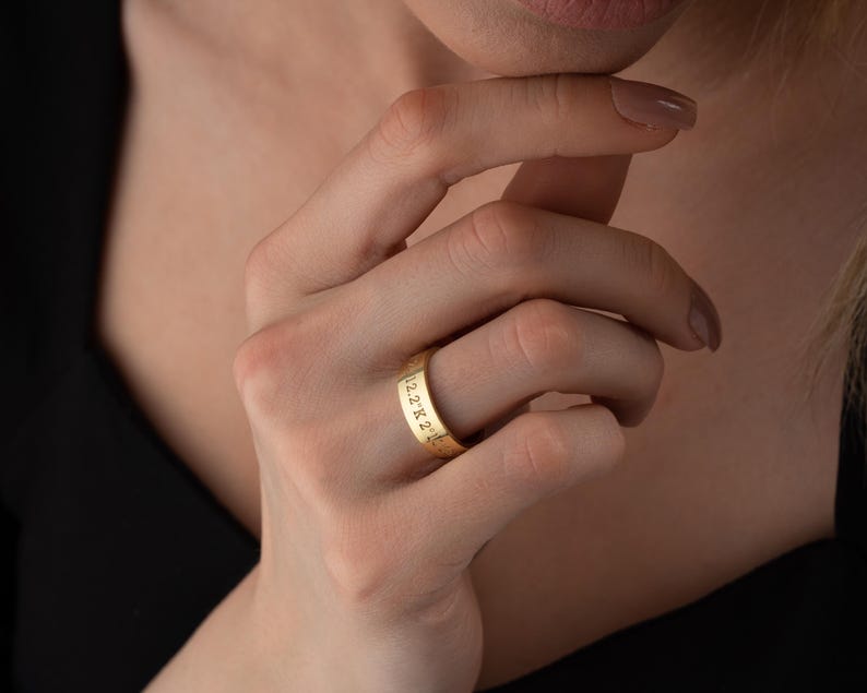Solid Gold Coordinates Ring, Personalized Jewelry, Custom Engraved Coordinates, Anniversary Gift, Custom Ring