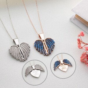 Engraved Angel Wing Heart Necklace, Personalized Gift for Her, Name Necklace Women, Custom Heart Pendant, Birthday Gift
