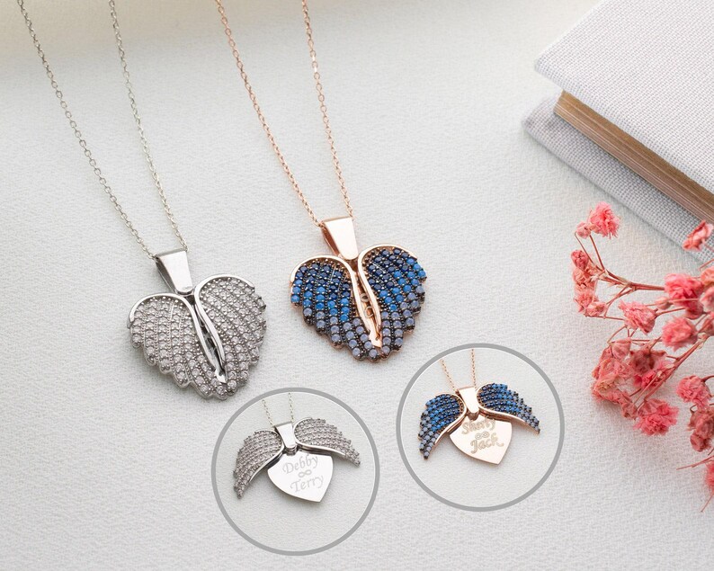 Engraved Angel Wing Heart Necklace, Personalized Gift for Her, Name Necklace Women, Custom Heart Pendant, Birthday Gift
