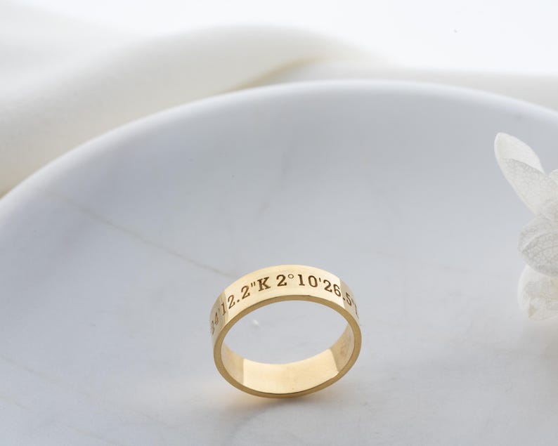 Solid Gold Coordinates Ring, Personalized Jewelry, Custom Engraved Coordinates, Anniversary Gift, Custom Ring