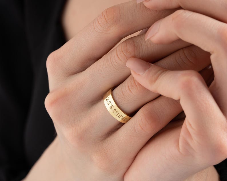 Solid Gold Coordinates Ring, Personalized Jewelry, Custom Engraved Coordinates, Anniversary Gift, Custom Ring