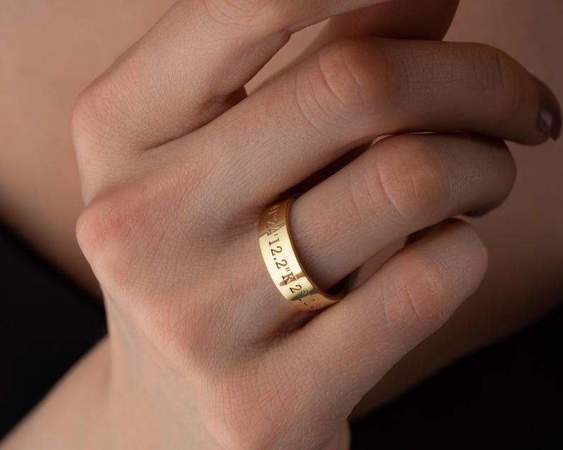 Solid Gold Coordinates Ring, Personalized Jewelry, Custom Engraved Coordinates, Anniversary Gift, Custom Ring