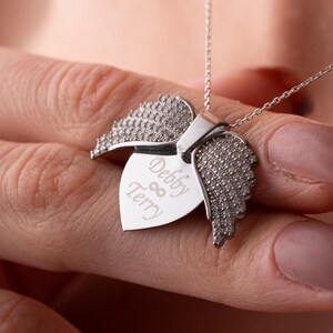 Engraved Angel Wing Heart Necklace, Personalized Gift for Her, Name Necklace Women, Custom Heart Pendant, Birthday Gift