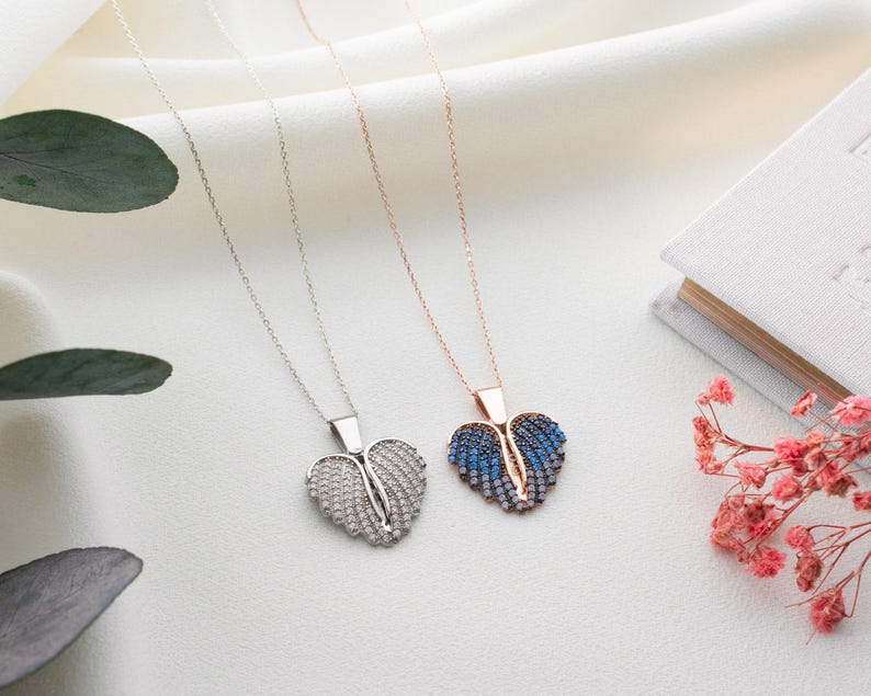 Engraved Angel Wing Heart Necklace, Personalized Gift for Her, Name Necklace Women, Custom Heart Pendant, Birthday Gift