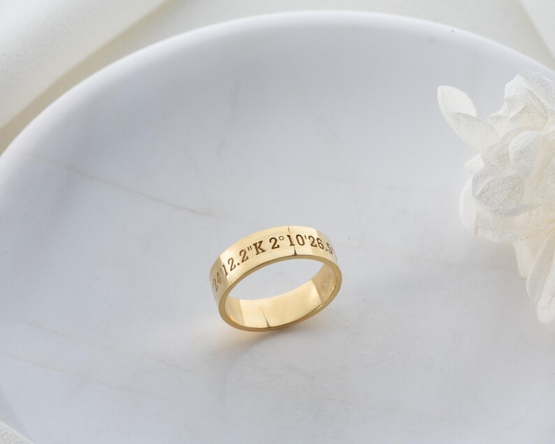 Solid Gold Coordinates Ring, Personalized Jewelry, Custom Engraved Coordinates, Anniversary Gift, Custom Ring