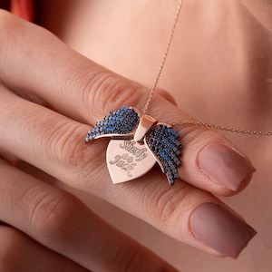 Engraved Angel Wing Heart Necklace, Personalized Gift for Her, Name Necklace Women, Custom Heart Pendant, Birthday Gift