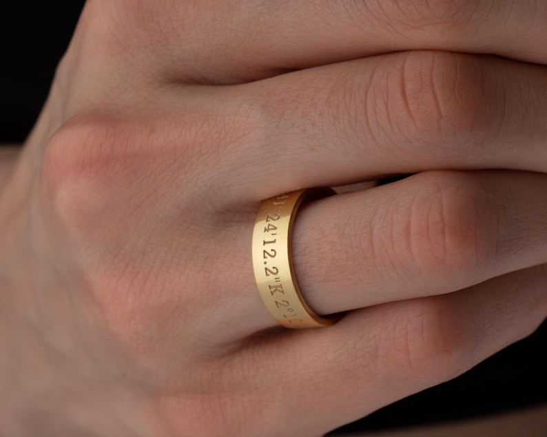 Solid Gold Coordinates Ring, Personalized Jewelry, Custom Engraved Coordinates, Anniversary Gift, Custom Ring