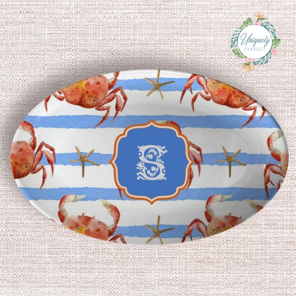 Crab Shack Chic Personalized Striped Crab and Starfish Monogrammed Platter, Beachside Brilliance Monogrammed  Crab Platter