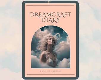Könnte beinhalten: Der Bildschirm eines digitalen Tablets zeigt ein rosa-weißes Cover für ein Tagebuch mit dem Titel "Dreamcraft Diary: A Guided Journal". Das Cover zeigt eine Frau mit langen blonden Haaren in einem weißen Kleid, umgeben von Wolken.