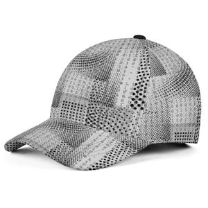 May include: A baseball cap featuring a monochromatic digital pattern of binary code and halftone dot gradients in shades of black, white, and grey. The structured crown and curved brim display a repeating sequence of ones and zeros.