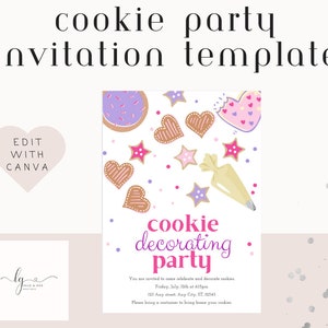 May include: A printable cookie decorating party invitation template with a pink, white, and brown color scheme. The invitation features a variety of cookies, including heart-shaped cookies, star-shaped cookies, and a round cookie with sprinkles. The text on the invitation reads "cookie decorating party" and includes details about the party, such as the date, time, and location. You are invited to come celebrate and decorate cookies. Friday, July, 12th at 615pm. 123 Any street. Any City, ST, 12345. Please bring a container to bring home your cookies.