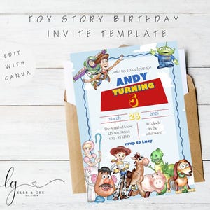 Könnte beinhalten: Eine blaue und rote Einladung zu einer Geburtstagsfeier zum Thema Toy Story mit einem Bild von Andy aus dem Film. Die Einladung lautet "Feiert mit uns Andys 5. Geburtstag" und enthält Datum, Uhrzeit und Ort der Feier.