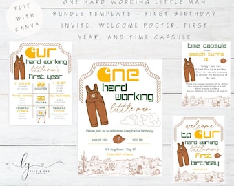 One Hard Working Little Man First Birthday Template Bundle | Carhartt Birthday Invite Template | Edit in Canva