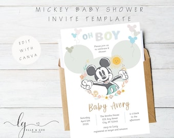 May include: A baby shower invitation featuring Mickey Mouse in a blue and green outfit with a floral border. The invitation says "Oh Boy!" and "Baby Avery" with details for the event, including the date, time, location, and RSVP information.