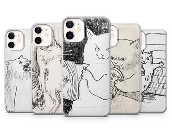 May include: Set of four iPhone cases featuring black and white illustrations of cats. The cases feature different scenes with the cats in various poses.
