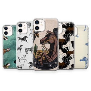 May include: Set of five clear phone cases with different horse designs. The cases feature a variety of horse illustrations, including a horse in a horseshoe, a horse with a saddle, and a horse with a rider. The cases are all clear and show the phone through the case.