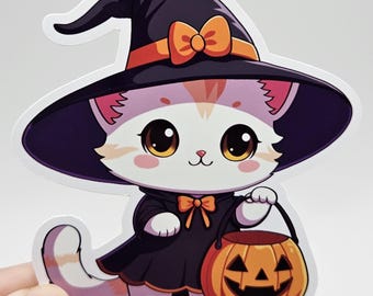 Kawaii Witch Cat Sticker – Cute Halloween Cat Sticker – Laptop, Planner & Tumbler Decal