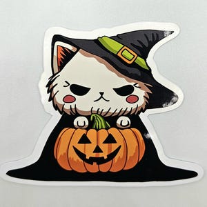 Sticker en vinyle Chat kawaii avec citrouille et chapeau de sorcière | Autocollant en vinyle résistant aux intempéries