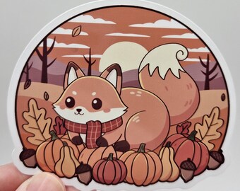 Kawaii herfstvos sticker - Leuke vos met pompoenen - Gezellige herfst vinyl sticker - Bosdieren sticker - Pompoenvos cadeau