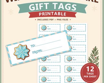 Printable Snowflake Gift Tags – Blue Christmas Cookie Tags – Winter Holiday Gift Labels – Cute Snowflake To From Tags – Instant Download PNG