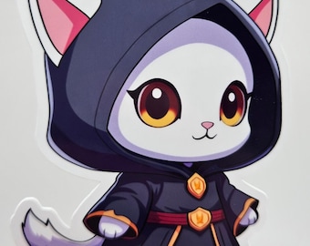 Kawaii Wizard Cat Sticker - Cute Fantasy Kitty Vinyl Sticker - Magical Cat Decal for Laptop, Water Bottle & Planner