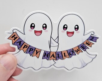 Naklejka z duchem na Halloween Kawaii – Słodka, upiorna naklejka z duchem – Naklejka na laptopa, planer i kubek