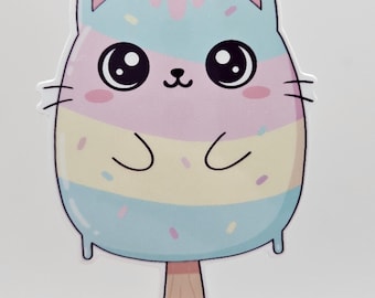 Kawaii Cat Popsicle Sticker – Cute Rainbow Ice Cream Cat Vinyl Sticker – Kawaii Food Sticker – Laptop Water Bottle Planner