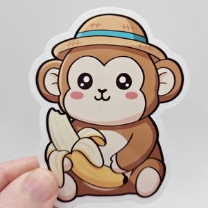 Süßer Affe Aufkleber - Kawaii Affe mit Banane - Dschungeltier Vinyl Aufkleber - Bezaubernder Bananenaffe - laminierter Aufkleber