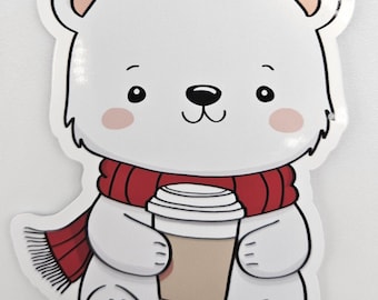 Kawaii Eisbär Kaffee Aufkleber – Süßer Winter Bär Aufkleber für Laptop, Planer & Becher Aufkleber