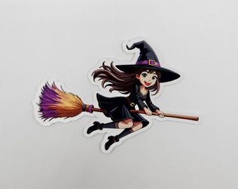 Pegatina de bruja kawaii - Bonita pegatina de bruja de Halloween - Calcomanía para portátil, agenda y vaso