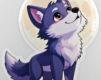 May include: A die-cut sticker featuring a cartoon wolf with dark purple fur, a white chest, and a white muzzle. The wolf is looking upward toward a large, pale yellow full moon depicted in the background. The design has a white border outline.
