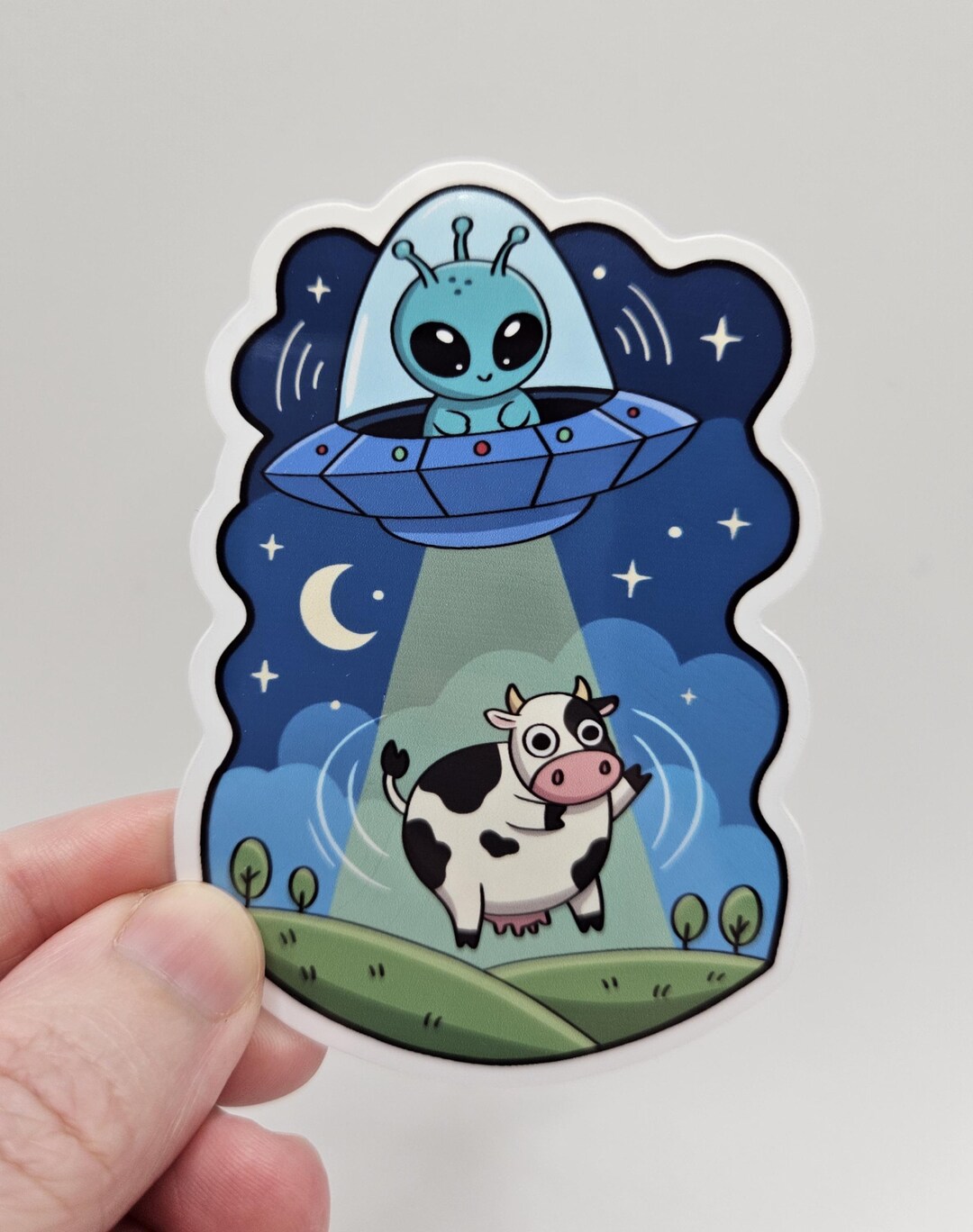 Alien Cow Abduction Sticker – Cute UFO Alien Sticker – Kawaii Space ...