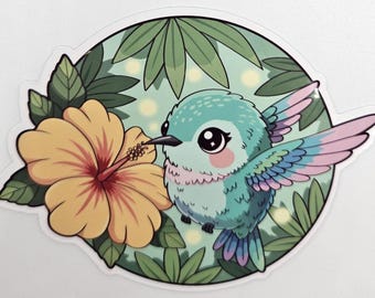 Kawaii Hibiscus Hummingbird Sticker – Cute Tropical Bird Sticker – Laptop, Planner & Tumbler Decal