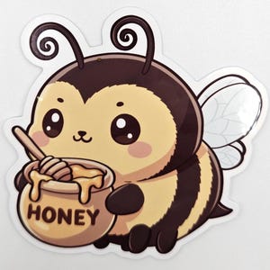 May include: A die-cut sticker featuring a round, cartoon-style bee with black and yellow stripes, large dark eyes, and antennae. The bee is holding a tan honey pot with the word HONEY printed on the front and a wooden honey dipper inside.