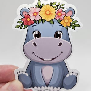 かわいい花柄カバステッカー | ベビーカバの花冠かわいい動物ビニールデカール | 耐候性ビニールステッカー