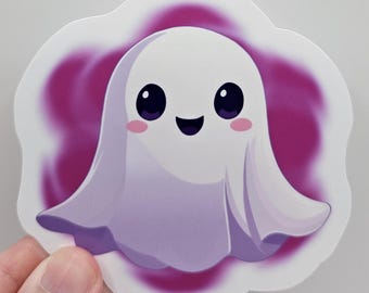 Pegatina de fantasma morado kawaii: adorable pegatina de fantasma de Halloween para portátil, agenda y vaso.