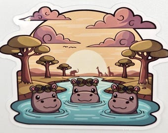 Autocollant Hippo Safari Kawaii – Autocollant Hippopotames Mignons au Coucher de Soleil