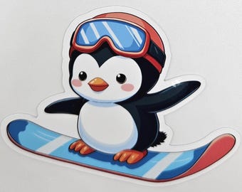Pegatina de pingüino haciendo snowboard kawaii - Bonita pegatina de pingüino invernal - Calcomanía para portátil, agenda y vaso