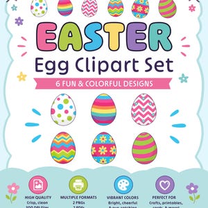 May include: A digital Easter Egg Clipart Set with six colourful egg designs. The image includes the text "EASTER Egg Clipart Set" and highlights high-quality, vibrant colours, and multiple formats. Perfect for crafts, printables, and cards.